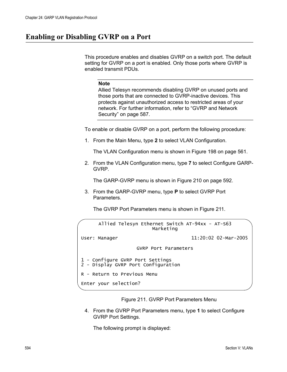 Enabling or disabling gvrp on a port | Allied Telesis AT-S63 User Manual | Page 594 / 822