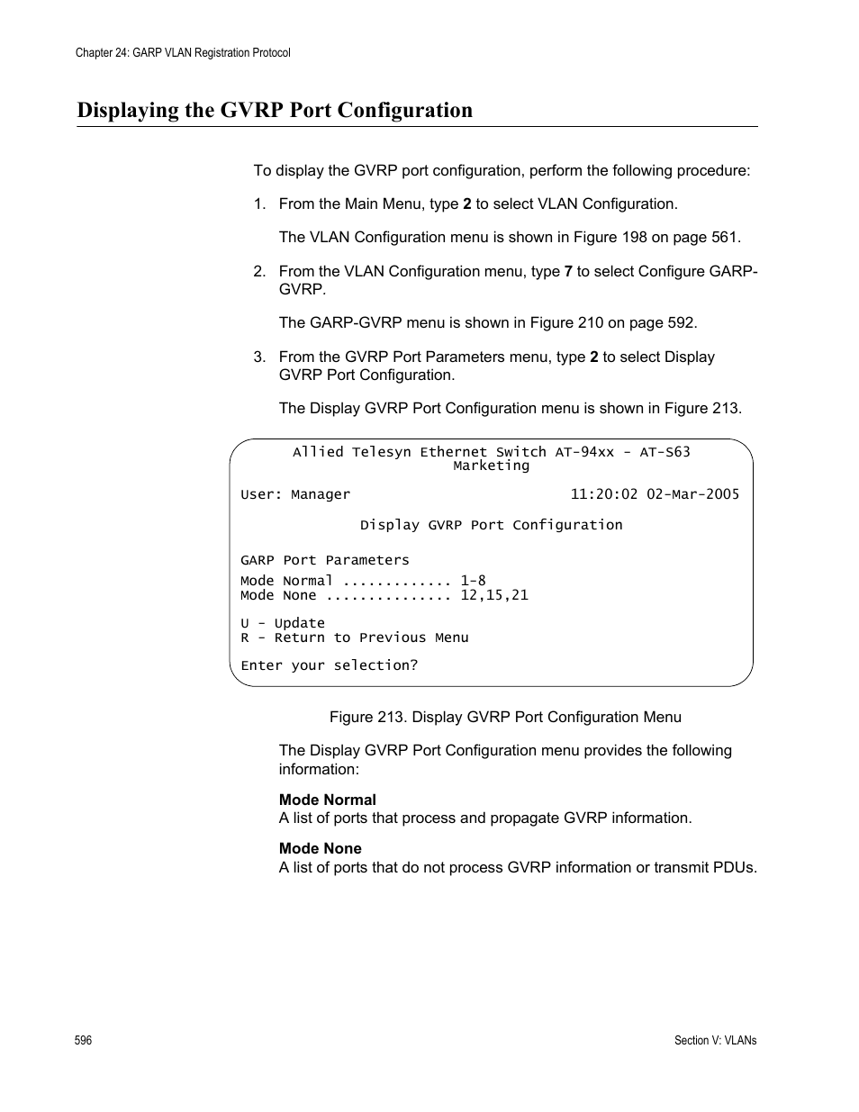 Displaying the gvrp port configuration | Allied Telesis AT-S63 User Manual | Page 596 / 822