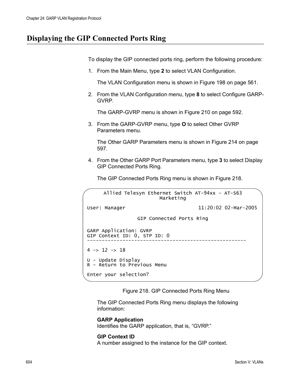 Displaying the gip connected ports ring | Allied Telesis AT-S63 User Manual | Page 604 / 822