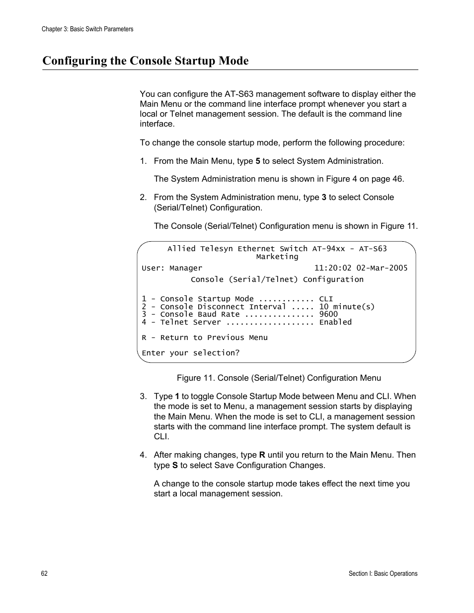 Configuring the console startup mode | Allied Telesis AT-S63 User Manual | Page 62 / 822