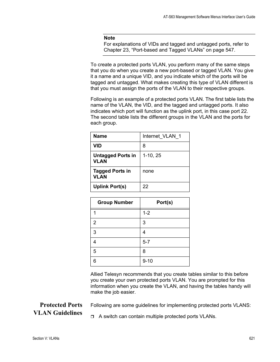 Protected ports vlan guidelines | Allied Telesis AT-S63 User Manual | Page 621 / 822