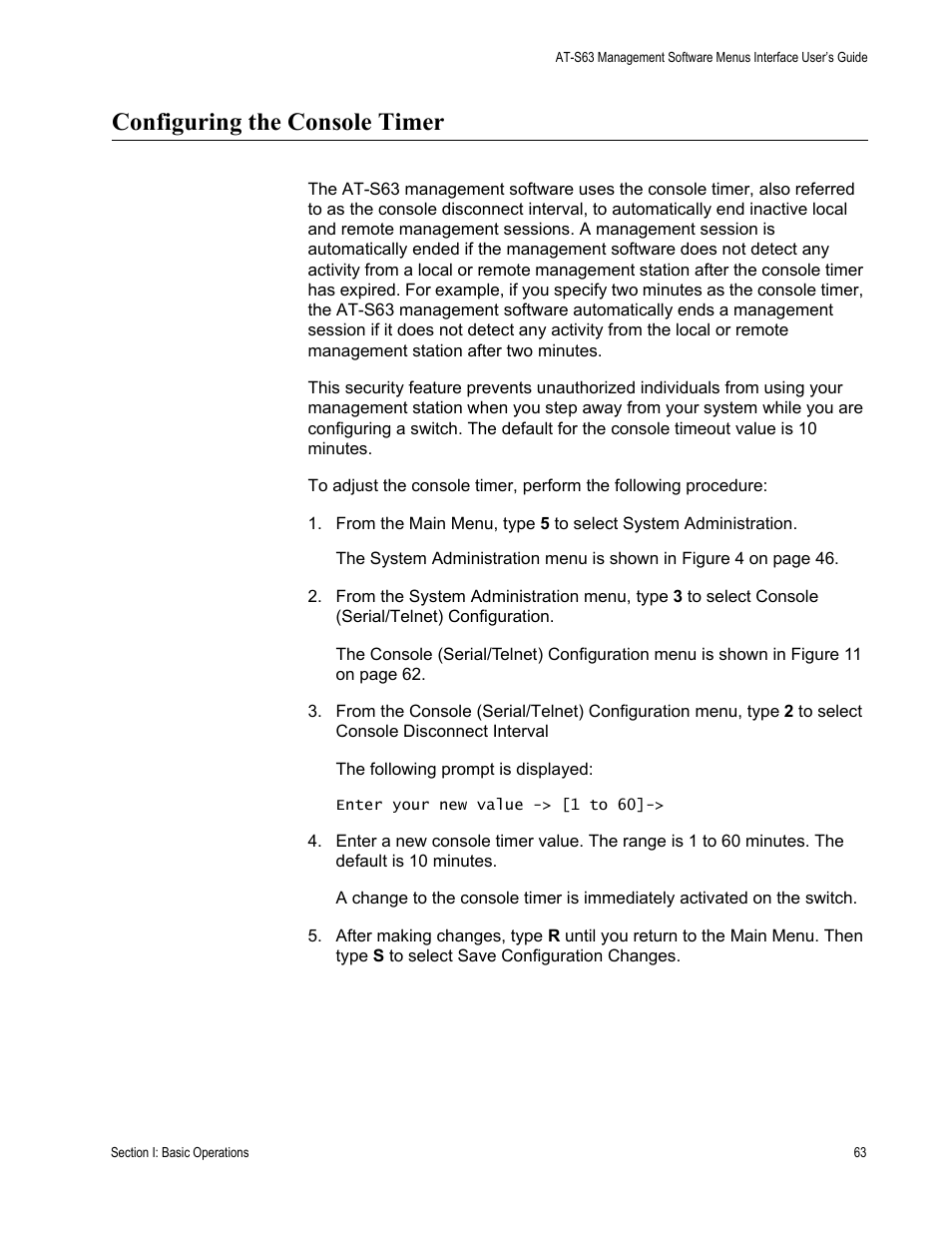 Configuring the console timer | Allied Telesis AT-S63 User Manual | Page 63 / 822