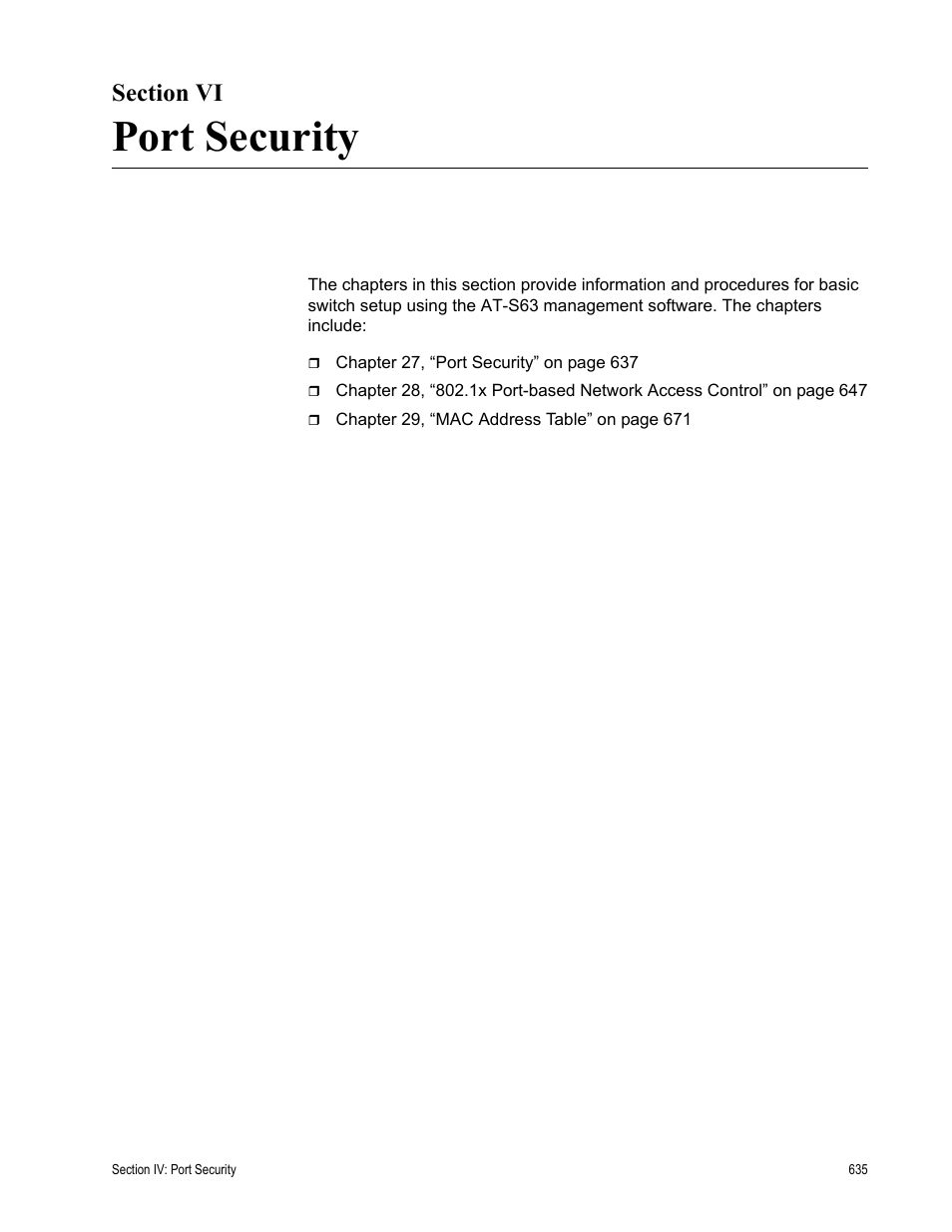 Section vi, Port security, Section vi: port security | Allied Telesis AT-S63 User Manual | Page 635 / 822