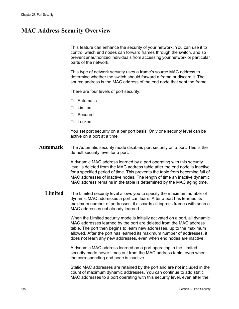 Mac address security overview, Automatic, Limited | Automatic limited | Allied Telesis AT-S63 User Manual | Page 638 / 822