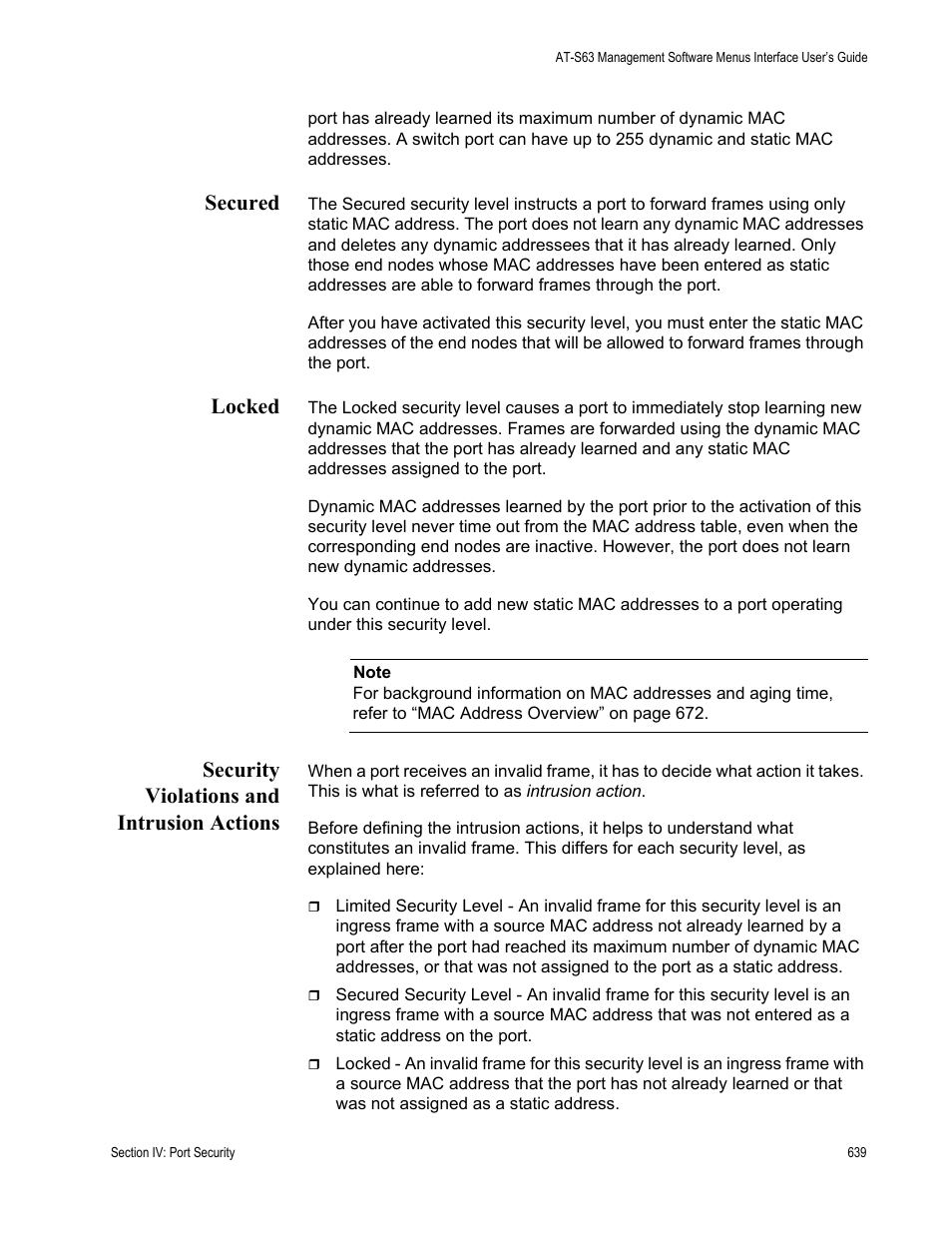 Secured, Locked, Security violations and intrusion actions | Allied Telesis AT-S63 User Manual | Page 639 / 822