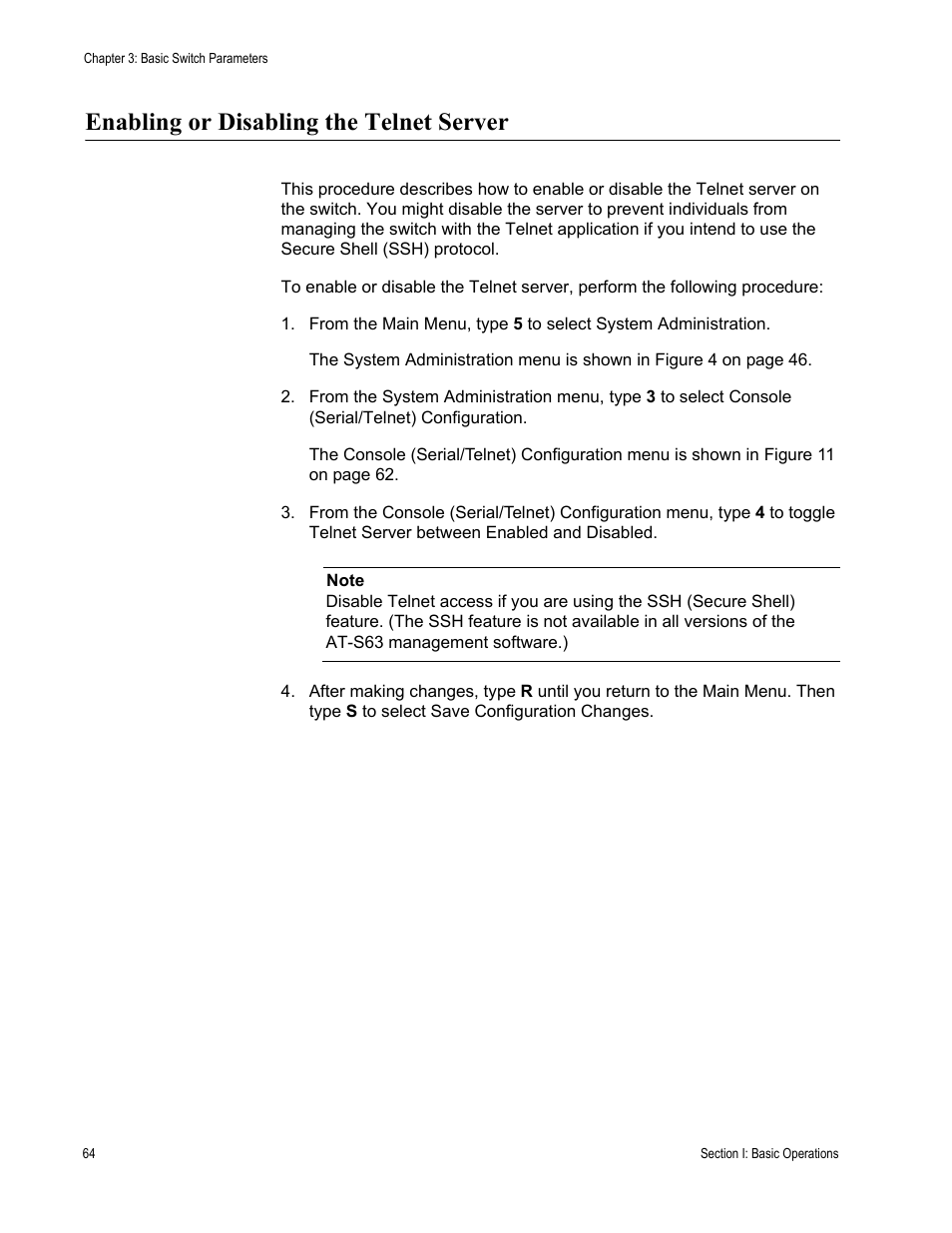 Enabling or disabling the telnet server | Allied Telesis AT-S63 User Manual | Page 64 / 822