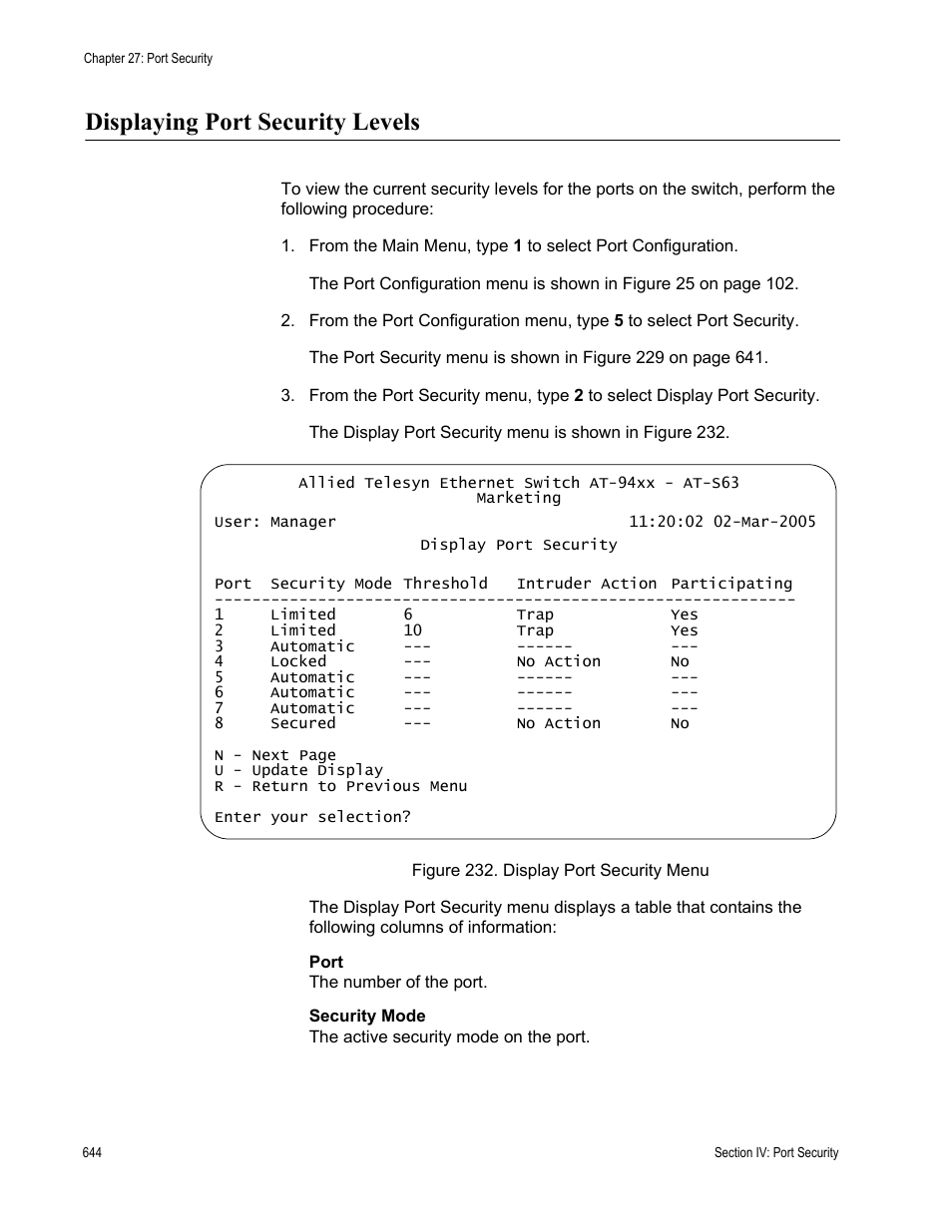 Displaying port security levels | Allied Telesis AT-S63 User Manual | Page 644 / 822