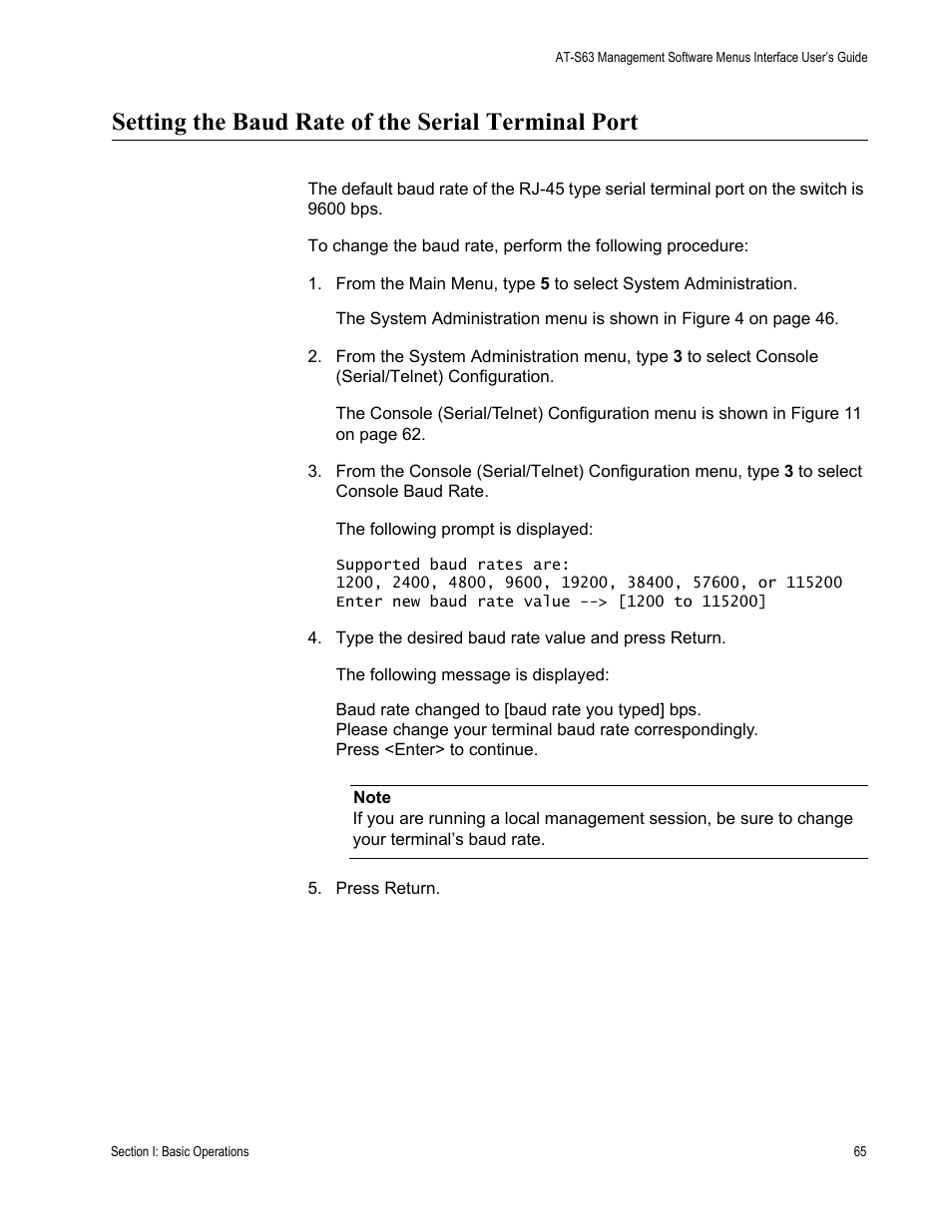 Setting the baud rate of the serial terminal port | Allied Telesis AT-S63 User Manual | Page 65 / 822