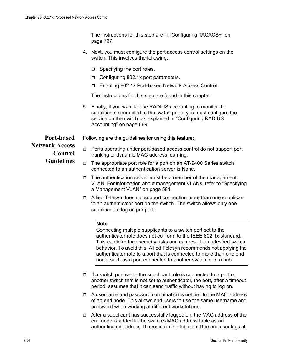 Port-based network access control guidelines | Allied Telesis AT-S63 User Manual | Page 654 / 822