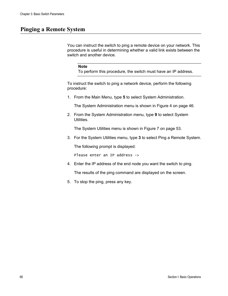 Pinging a remote system | Allied Telesis AT-S63 User Manual | Page 66 / 822