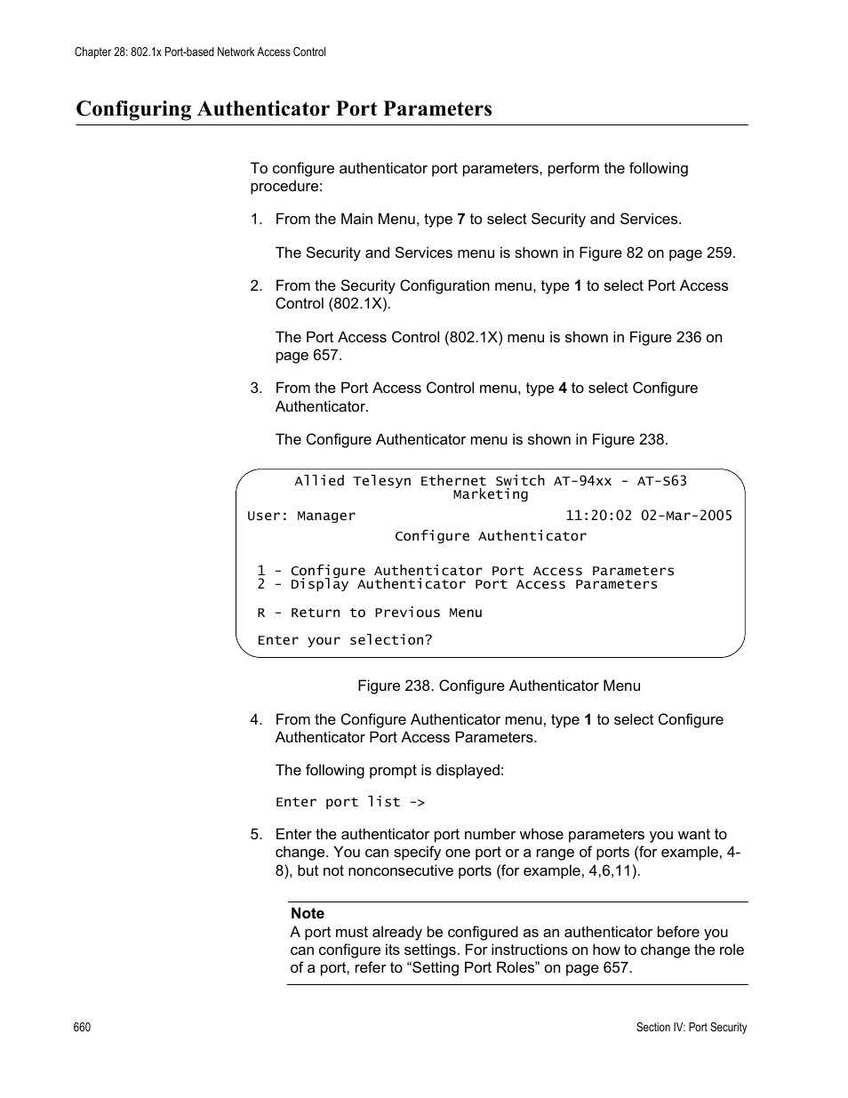 Configuring authenticator port parameters | Allied Telesis AT-S63 User Manual | Page 660 / 822