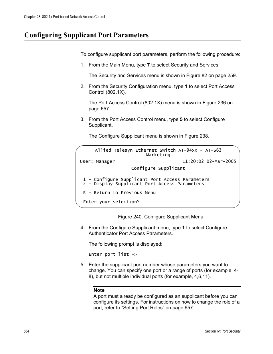 Configuring supplicant port parameters | Allied Telesis AT-S63 User Manual | Page 664 / 822