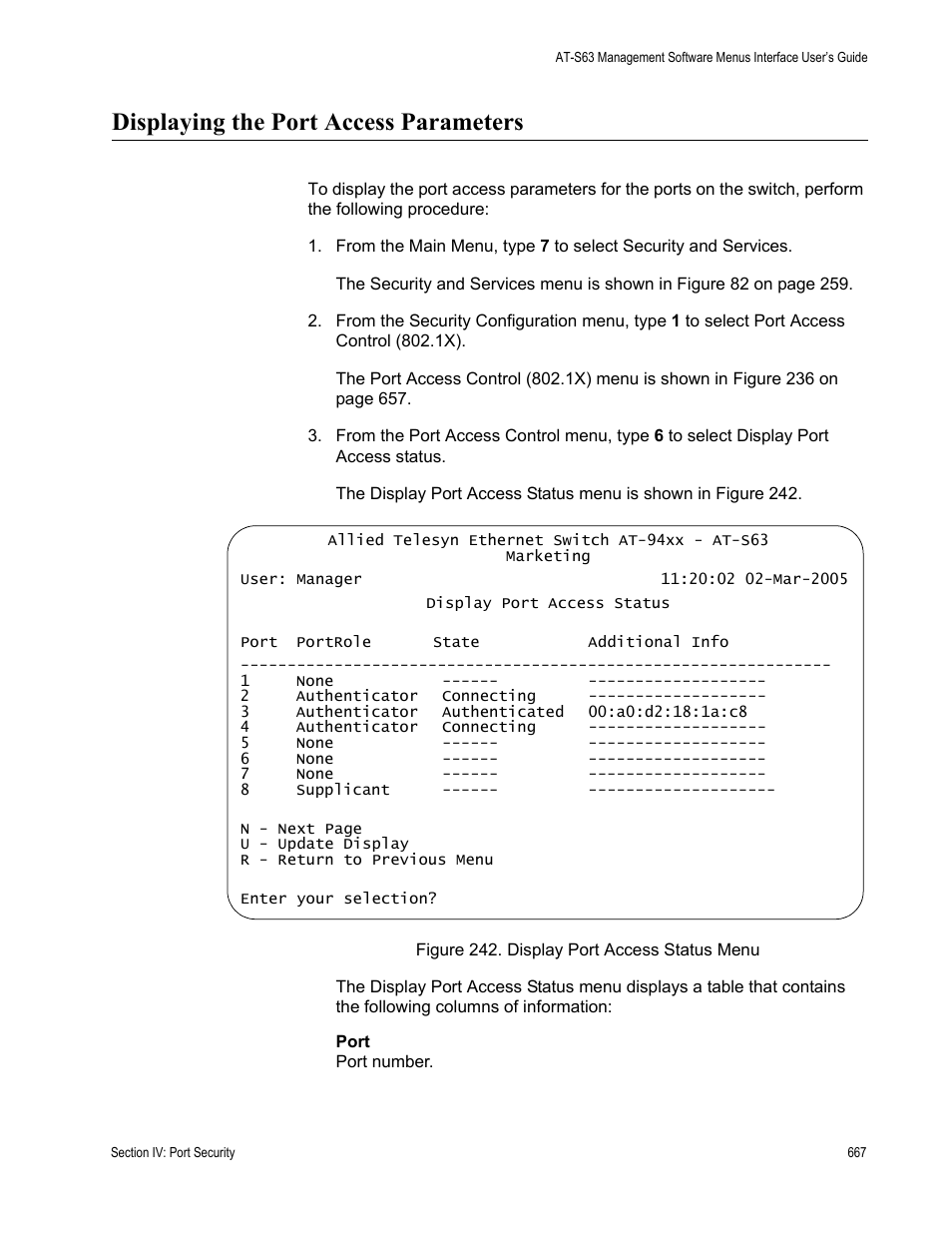 Displaying the port access parameters | Allied Telesis AT-S63 User Manual | Page 667 / 822