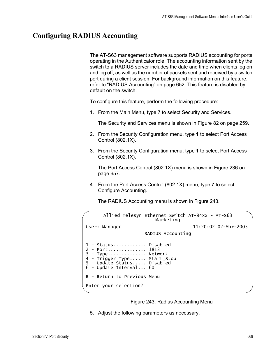Configuring radius accounting | Allied Telesis AT-S63 User Manual | Page 669 / 822