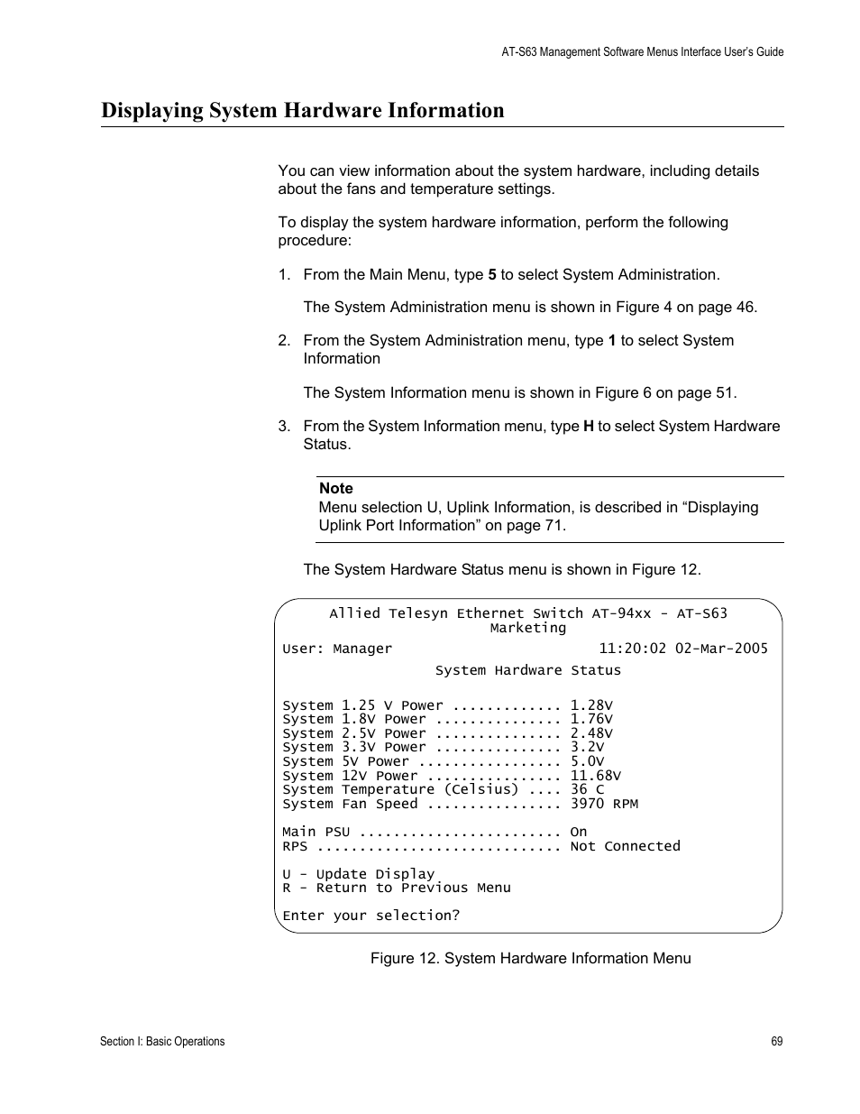 Displaying system hardware information | Allied Telesis AT-S63 User Manual | Page 69 / 822