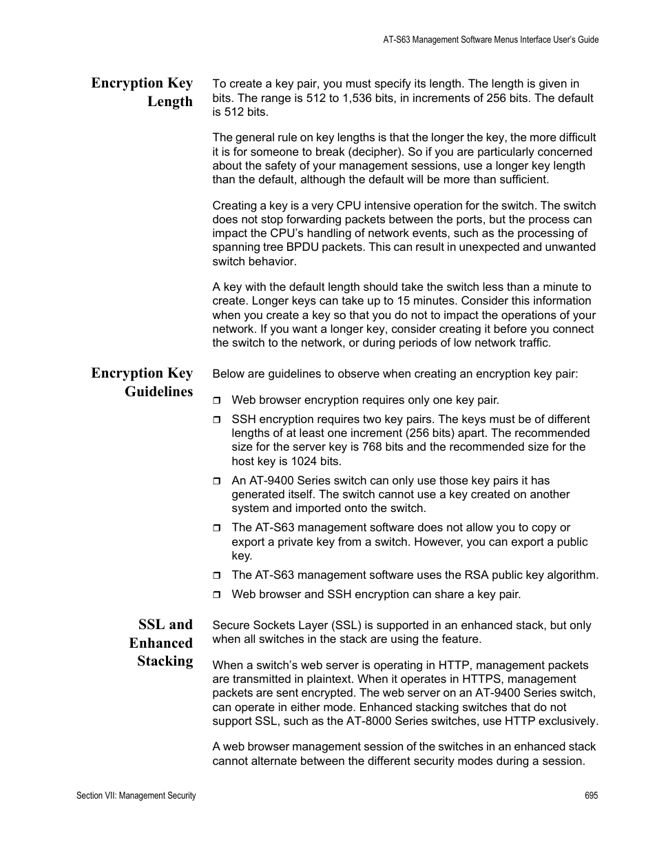 Encryption key length, Encryption key guidelines, Ssl and enhanced stacking | Allied Telesis AT-S63 User Manual | Page 695 / 822