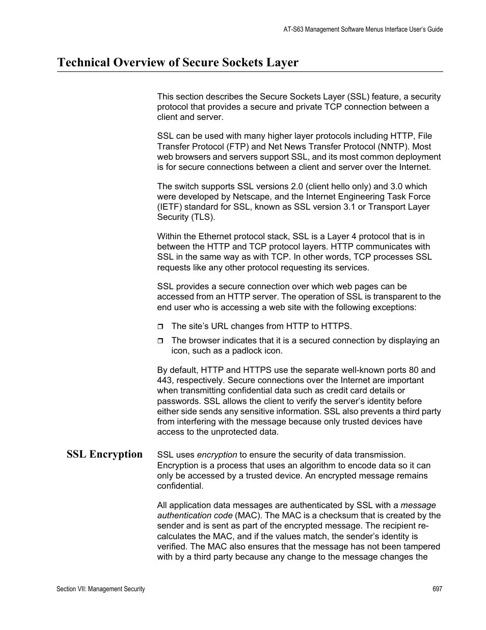 Technical overview of secure sockets layer, Ssl encryption | Allied Telesis AT-S63 User Manual | Page 697 / 822