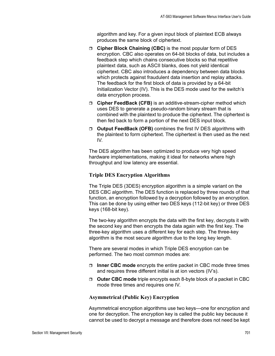 Triple des encryption algorithms, Asymmetrical (public key) encryption | Allied Telesis AT-S63 User Manual | Page 701 / 822