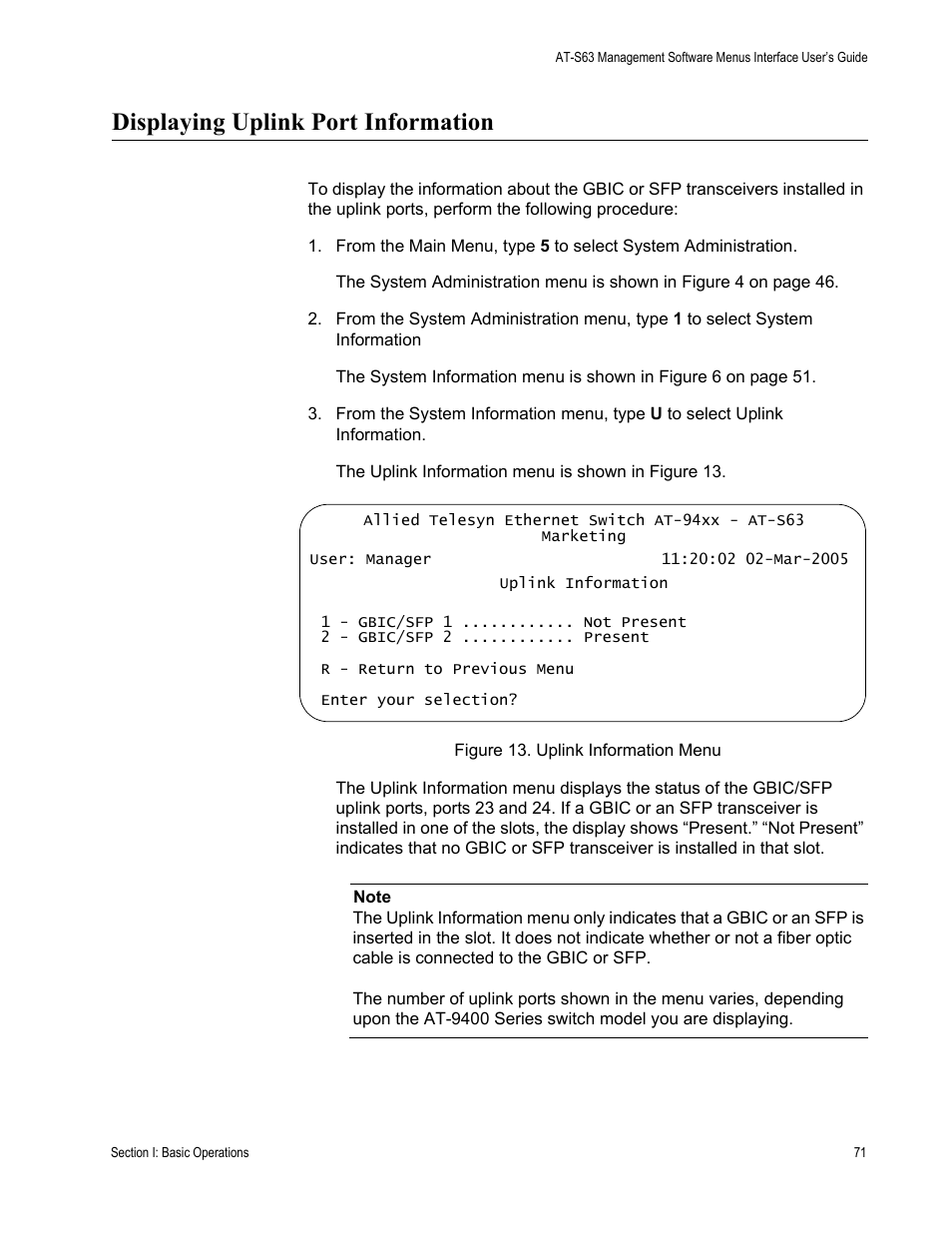 Displaying uplink port information | Allied Telesis AT-S63 User Manual | Page 71 / 822