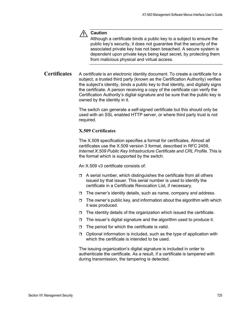 Certificates, X.509 certificates | Allied Telesis AT-S63 User Manual | Page 725 / 822