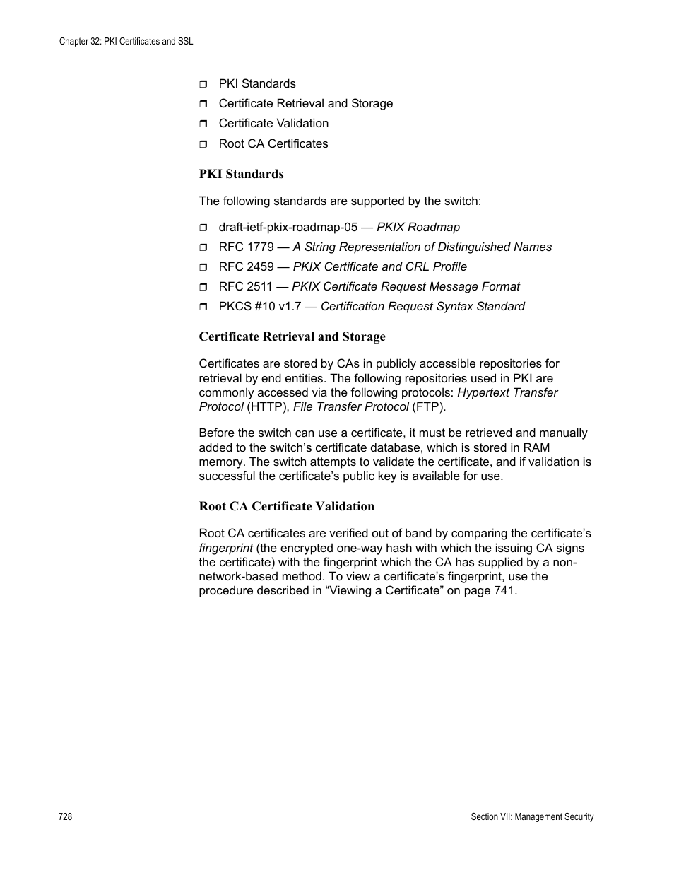 Pki standards, Certificate retrieval and storage, Root ca certificate validation | Allied Telesis AT-S63 User Manual | Page 728 / 822