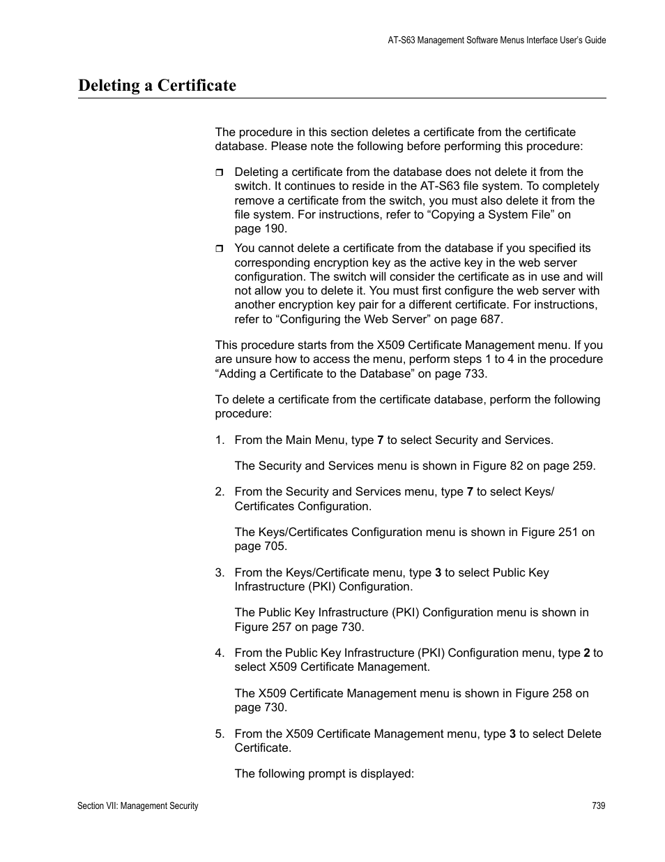 Deleting a certificate | Allied Telesis AT-S63 User Manual | Page 739 / 822