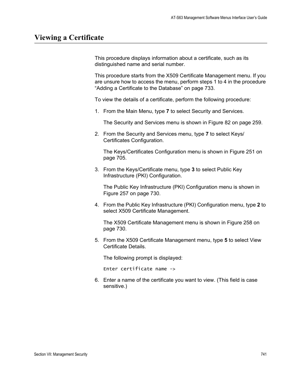 Viewing a certificate | Allied Telesis AT-S63 User Manual | Page 741 / 822
