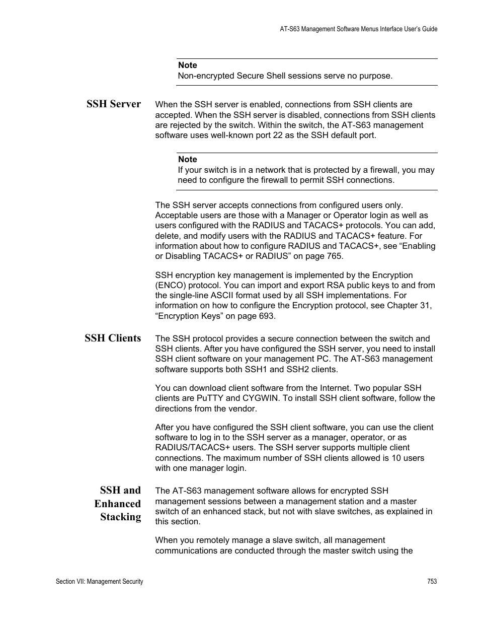 Ssh server, Ssh clients, Ssh and enhanced stacking | Ssh server ssh clients ssh and enhanced stacking | Allied Telesis AT-S63 User Manual | Page 753 / 822