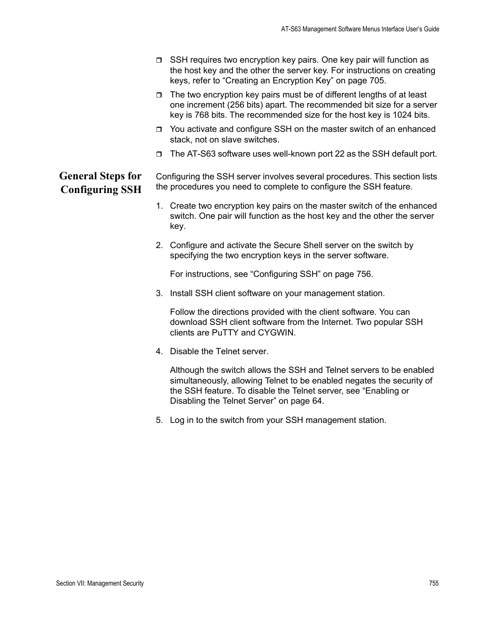 General steps for configuring ssh | Allied Telesis AT-S63 User Manual | Page 755 / 822