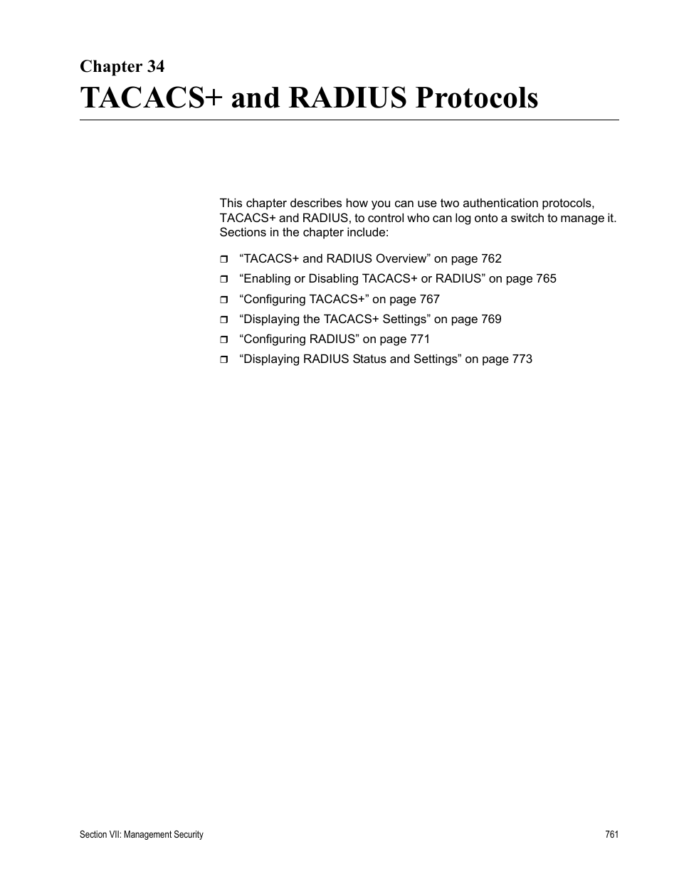 Chapter 34, Tacacs+ and radius protocols, Chapter 34: tacacs+ and radius protocols | Allied Telesis AT-S63 User Manual | Page 761 / 822