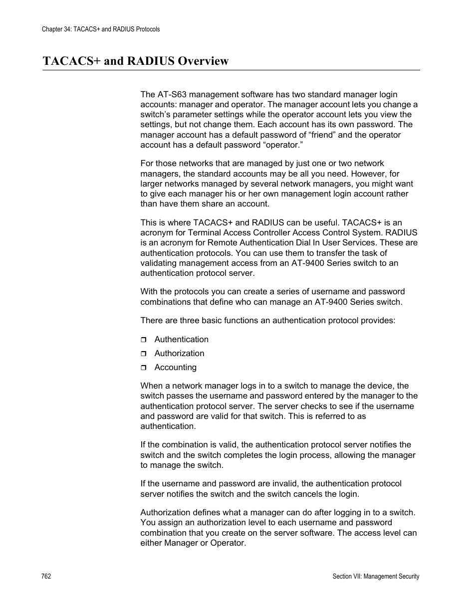 Tacacs+ and radius overview | Allied Telesis AT-S63 User Manual | Page 762 / 822