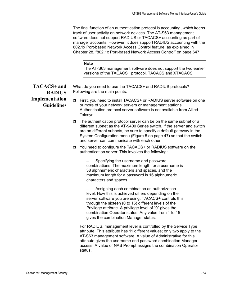 Tacacs+ and radius implementation guidelines | Allied Telesis AT-S63 User Manual | Page 763 / 822