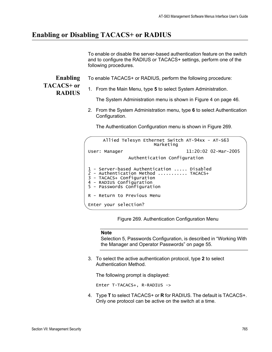 Enabling or disabling tacacs+ or radius, Enabling tacacs+ or radius | Allied Telesis AT-S63 User Manual | Page 765 / 822