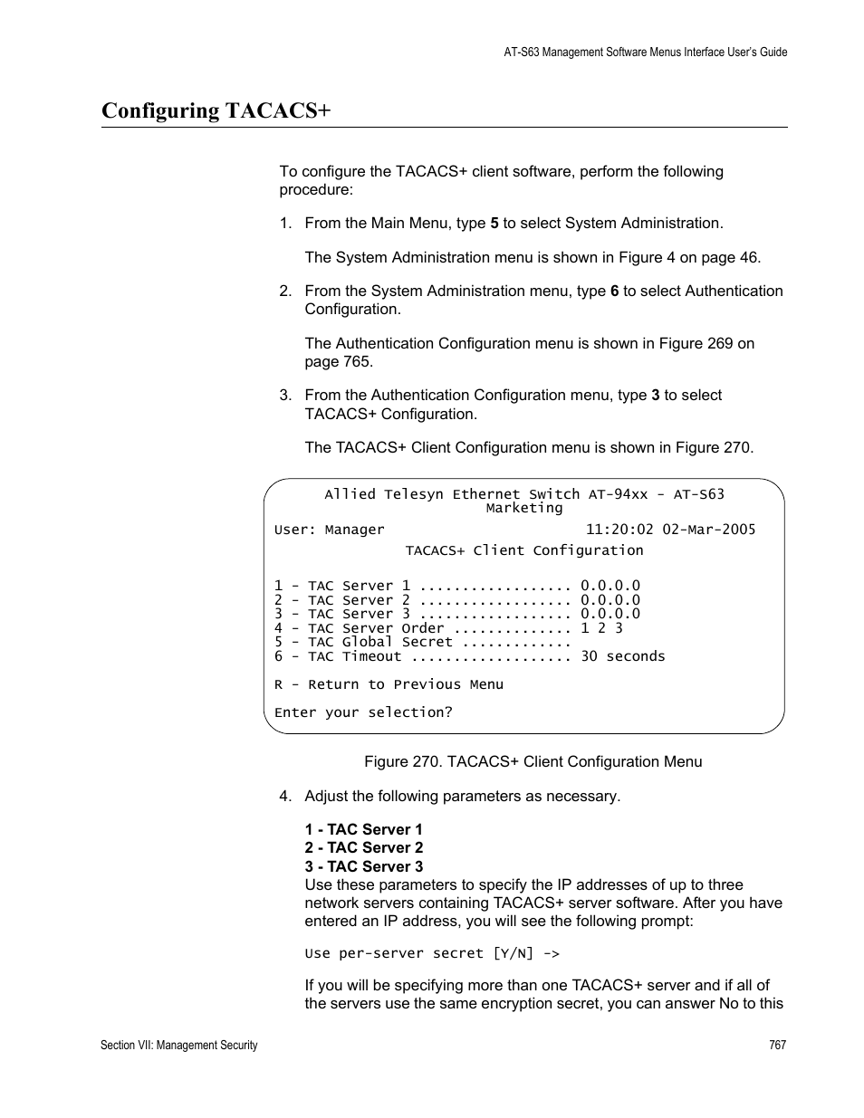 Configuring tacacs | Allied Telesis AT-S63 User Manual | Page 767 / 822