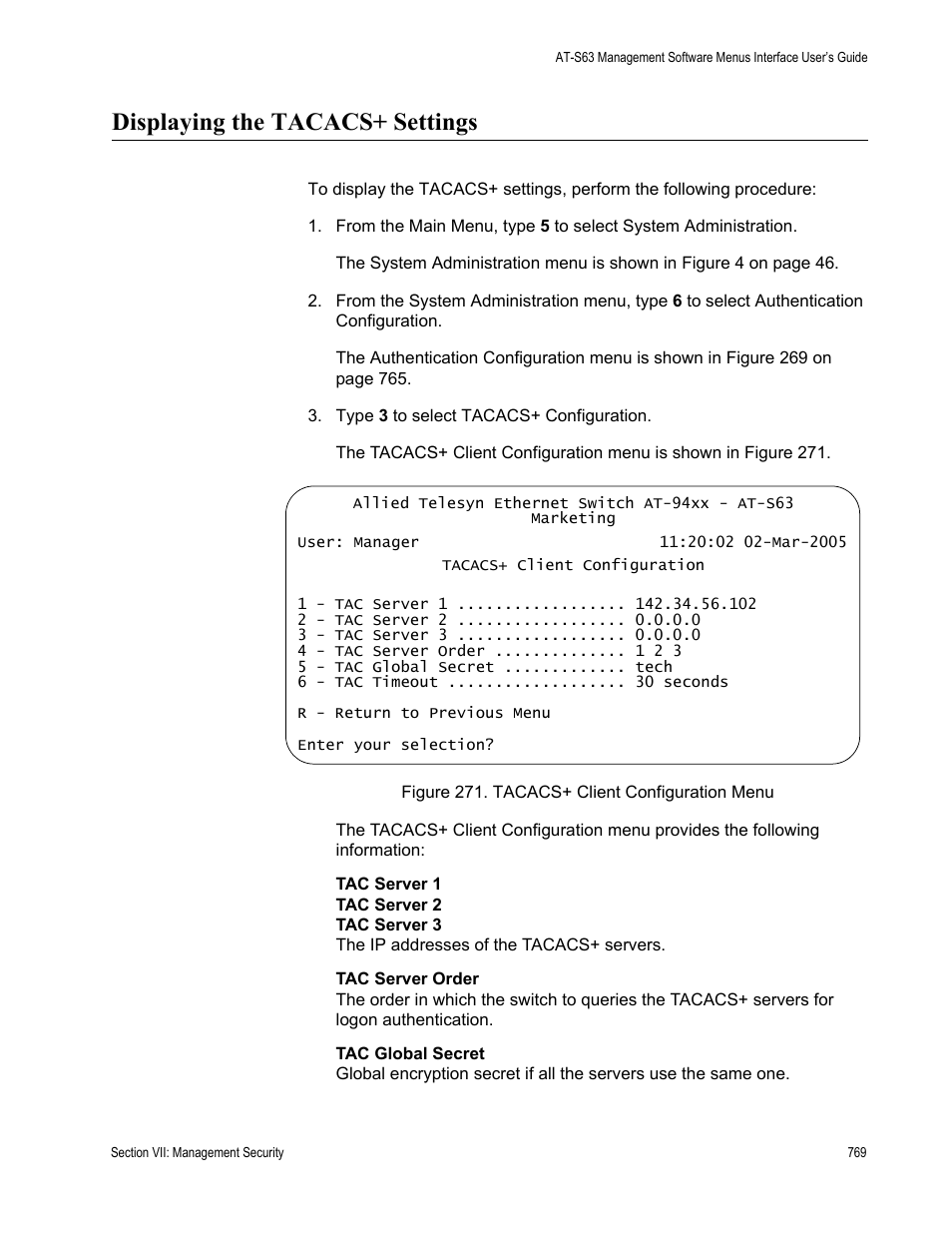 Displaying the tacacs+ settings | Allied Telesis AT-S63 User Manual | Page 769 / 822