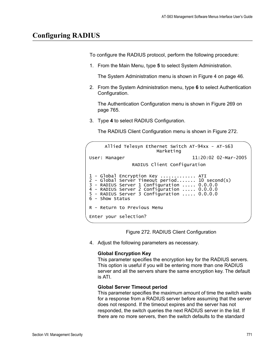 Configuring radius | Allied Telesis AT-S63 User Manual | Page 771 / 822