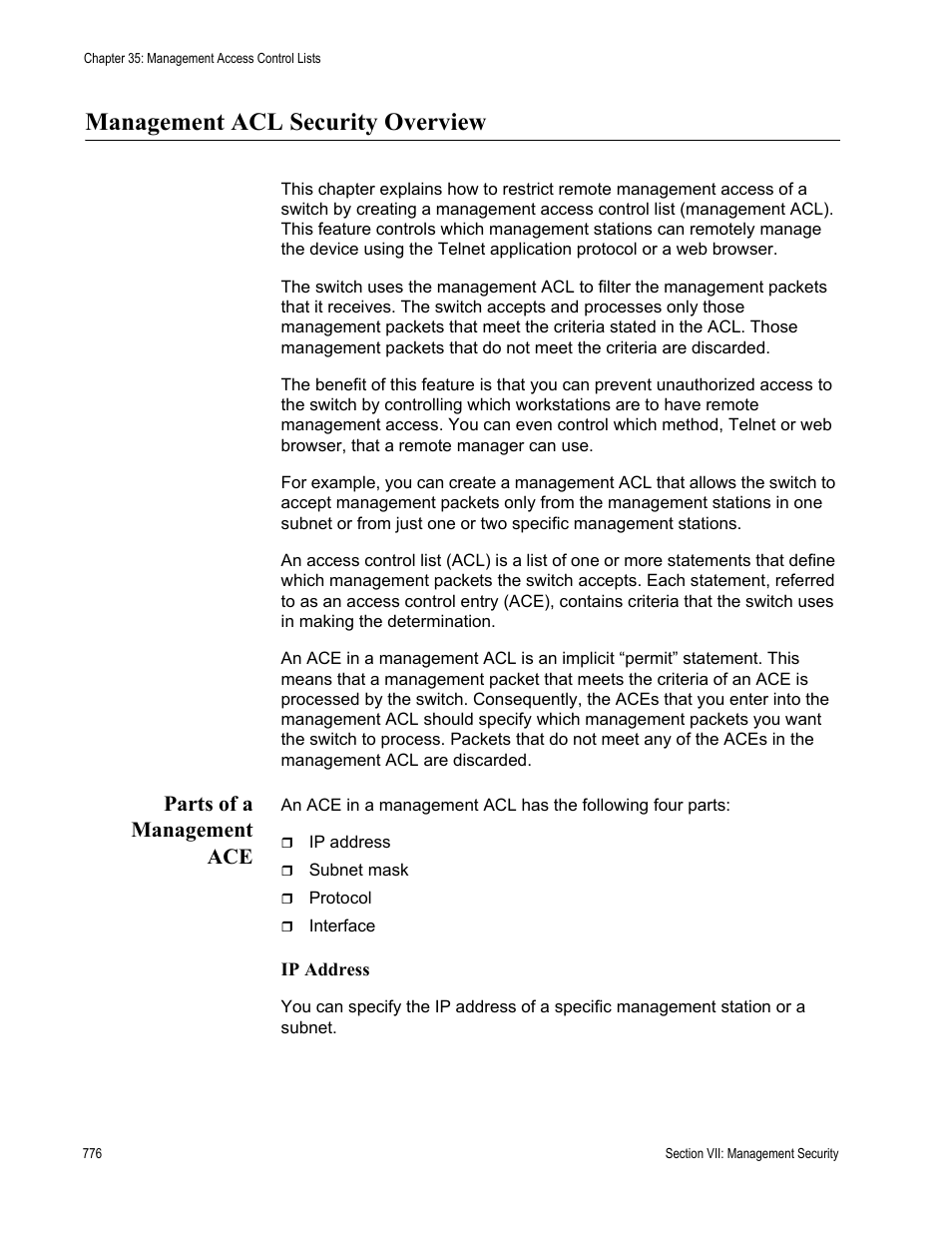 Management acl security overview, Parts of a management ace, Ip address | Allied Telesis AT-S63 User Manual | Page 776 / 822