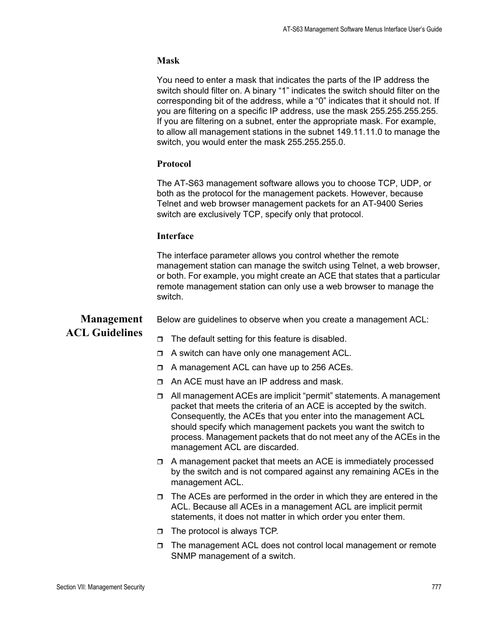Mask, Protocol, Interface | Management acl guidelines | Allied Telesis AT-S63 User Manual | Page 777 / 822