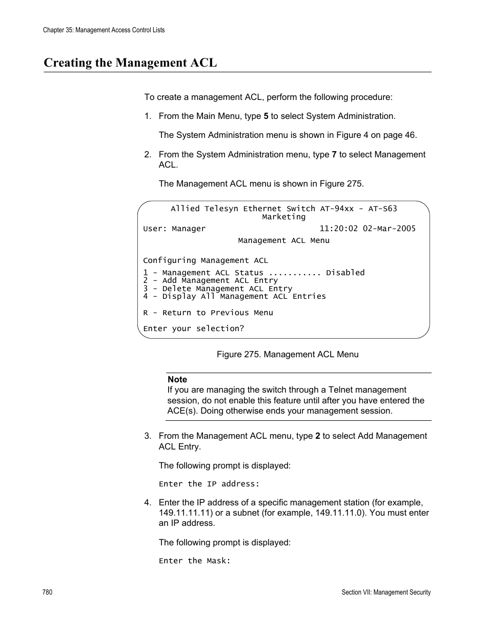 Creating the management acl | Allied Telesis AT-S63 User Manual | Page 780 / 822