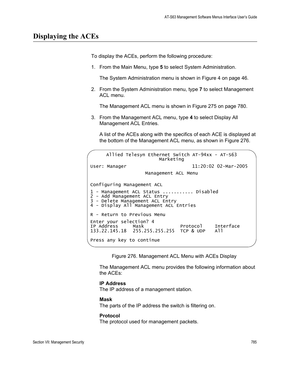 Displaying the aces | Allied Telesis AT-S63 User Manual | Page 785 / 822