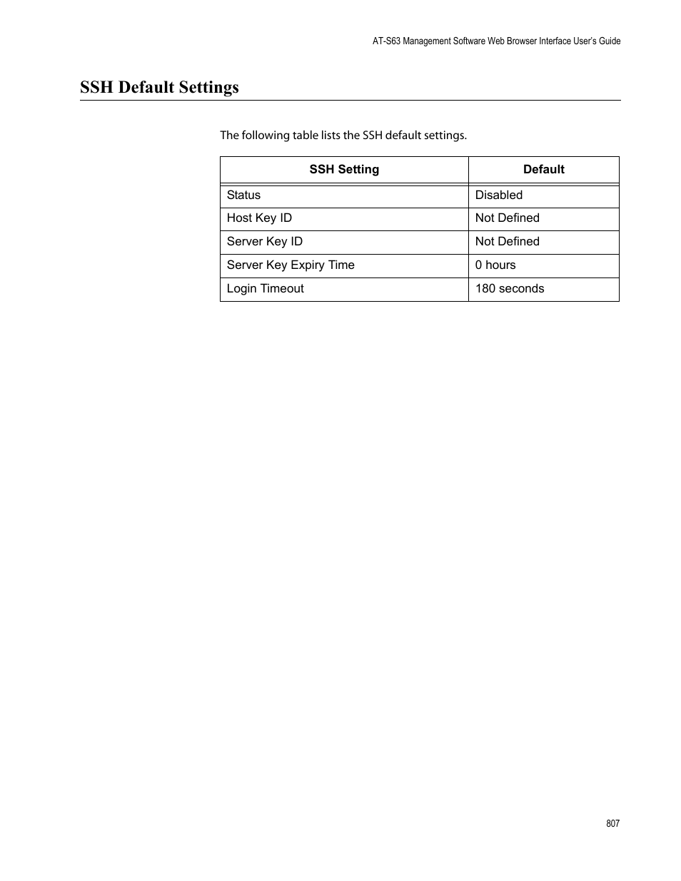 Ssh default settings | Allied Telesis AT-S63 User Manual | Page 807 / 822