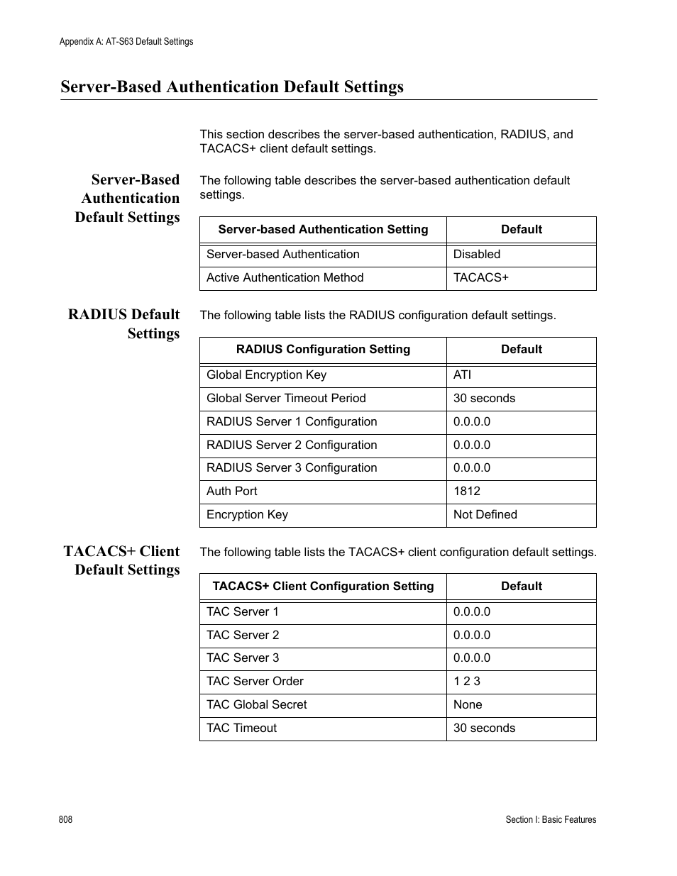 Server-based authentication default settings, Radius default settings, Tacacs+ client default settings | Allied Telesis AT-S63 User Manual | Page 808 / 822