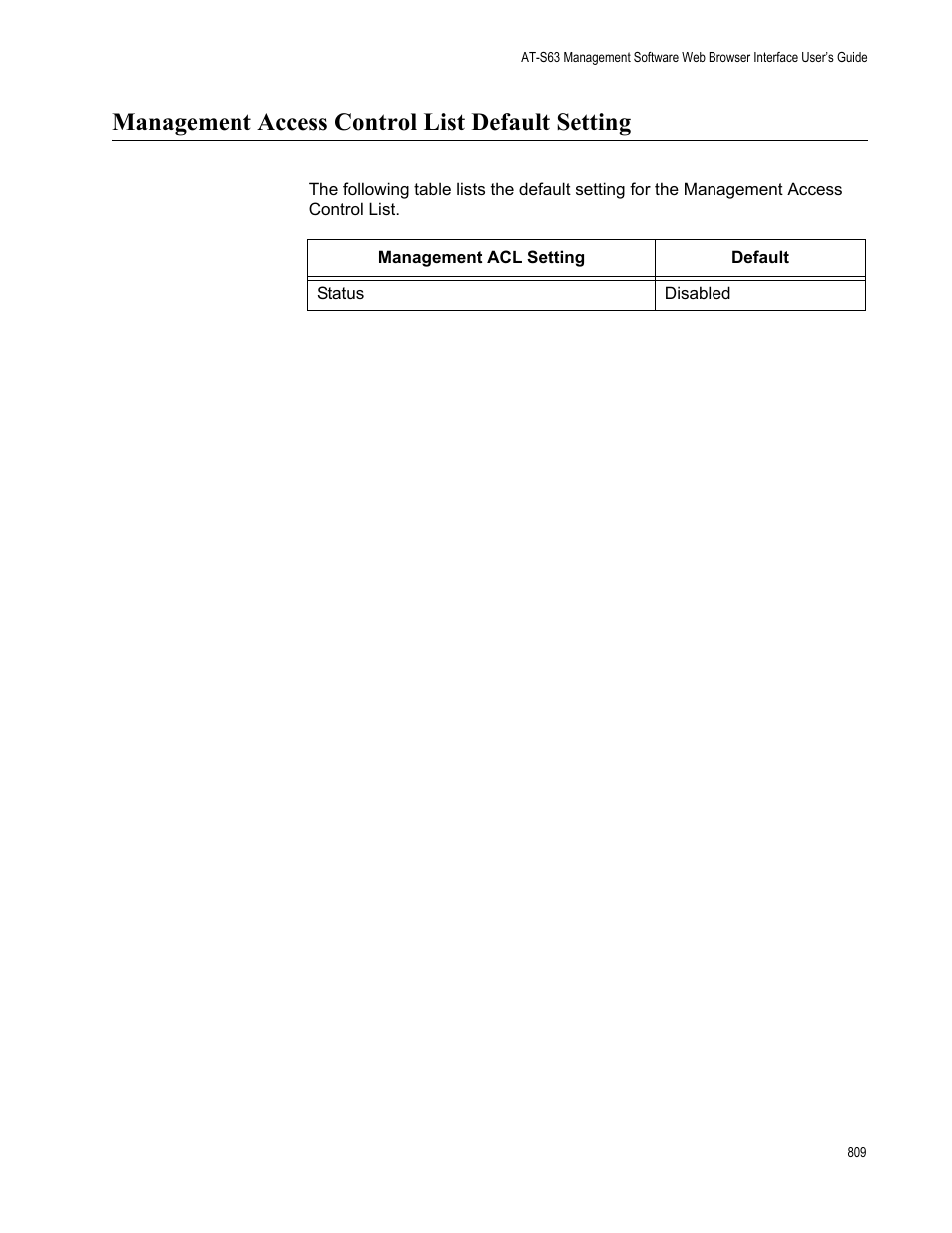 Management access control list default setting | Allied Telesis AT-S63 User Manual | Page 809 / 822