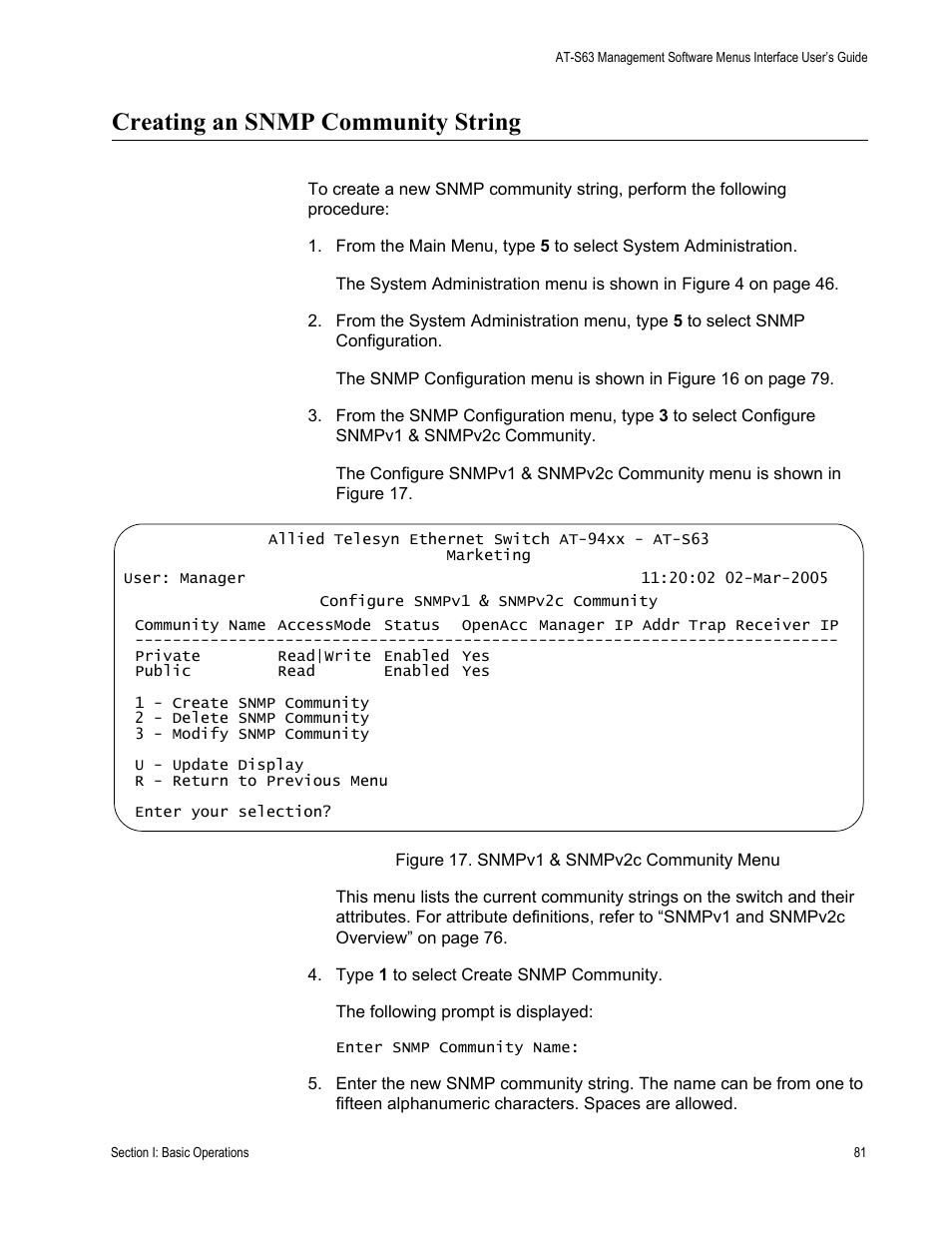 Creating an snmp community string | Allied Telesis AT-S63 User Manual | Page 81 / 822