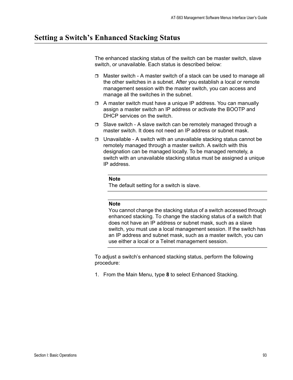 Setting a switch’s enhanced stacking status | Allied Telesis AT-S63 User Manual | Page 93 / 822