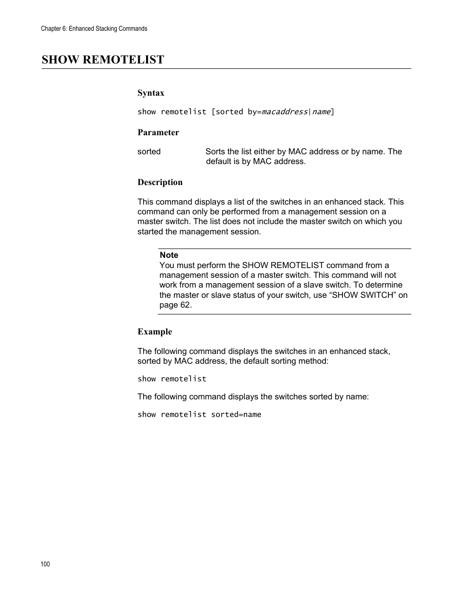 Show remotelist, Syntax, Parameter | Description, Example | Allied Telesis AT-S63 User Manual | Page 100 / 562