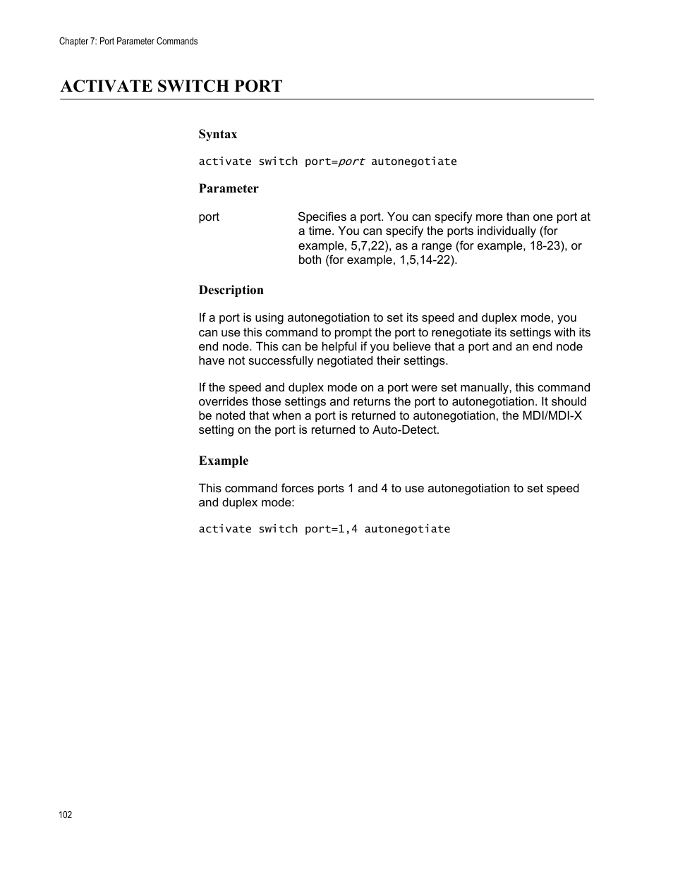Activate switch port, Syntax, Parameter | Description, Example | Allied Telesis AT-S63 User Manual | Page 102 / 562