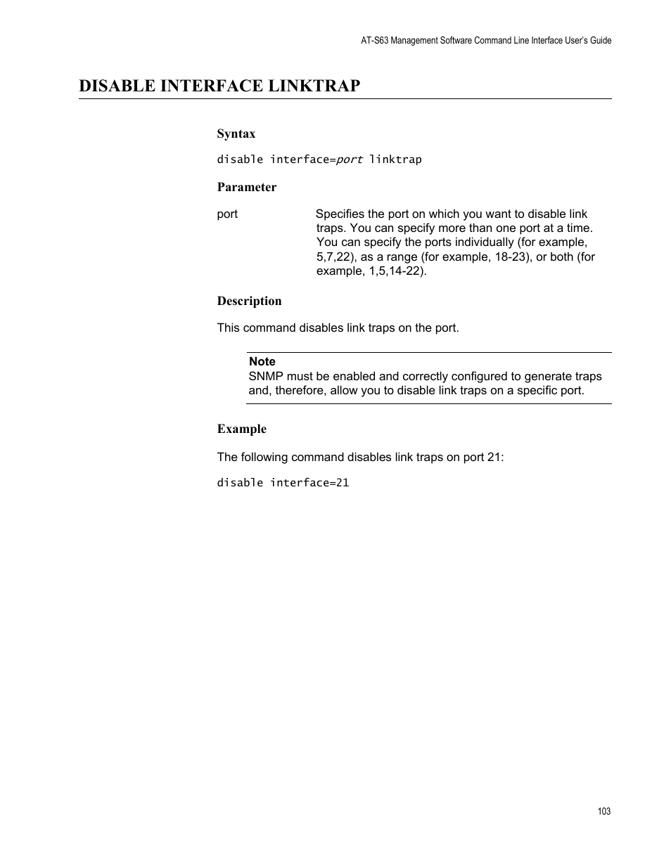 Disable interface linktrap, Syntax, Parameter | Description, Example | Allied Telesis AT-S63 User Manual | Page 103 / 562