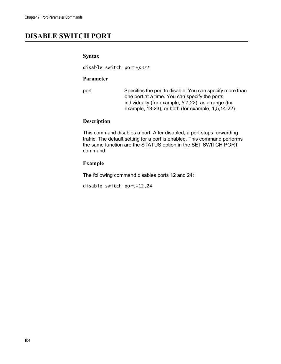 Disable switch port, Syntax, Parameter | Description, Example | Allied Telesis AT-S63 User Manual | Page 104 / 562