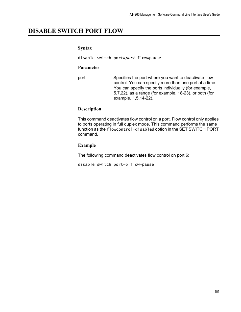 Disable switch port flow, Syntax, Parameter | Description, Example | Allied Telesis AT-S63 User Manual | Page 105 / 562